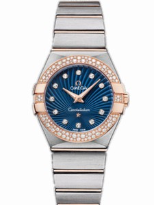Omega 27mm Constellation Brushed Quartz Blue Dial Rose Gold Case, Diamonds With Rose Gold And Stainless Steel Bracelet Watch #123.25.27.60.53.001 (Women Watch)