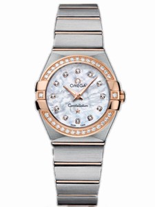 Omega 27mm Constellation Brushed Quartz White Mother Of Pearl Dial Rose Gold Case, Diamonds With Rose Gold And Stainless Steel Bracelet Watch #123.25.27.60.55.001 (Women Watch)