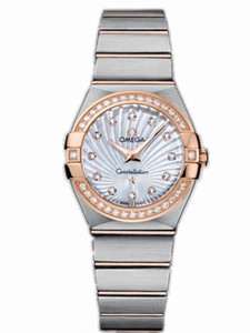 Omega 27mm Constellation Brushed Quartz White Mother Of Pearl Dial Rose Gold Case, Diamonds With Rose Gold And Stainless Steel Bracelet Watch #123.25.27.60.55.002 (Women Watch)
