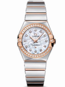 Omega 27mm Constellation Polished Quartz White Mother Of Pearl Dial Rose Gold Case, Diamonds With Rose Gold And Stainless Steel Bracelet Watch #123.25.27.60.55.005 (Women Watch)