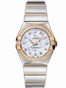 Omega 27mm Constellation Polished Quartz White Mother Of Pearl Dial Yellow Gold Case, Diamonds With Yellow Gold And Stainless Steel Bracelet Watch #123.25.27.60.55.007 (Women Watch)
