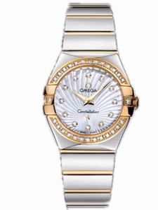 Omega 27mm Constellation Polished Quartz White Mother Of Pearl Dial Yellow Gold Case, Diamonds With Yellow Gold And Stainless Steel Bracelet Watch #123.25.27.60.55.008 (Women Watch)