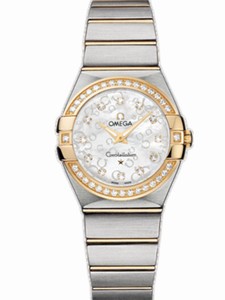 Omega 27mm Constellation Brushed Quartz Silver Dial Yellow Gold Case, Diamonds With Yellow Gold And Stainless Steel Bracelet Watch #123.25.27.60.55.010 (Women Watch)
