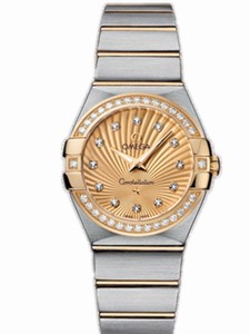 Omega 27mm Constellation Brushed Quartz Champagne Gold Dial Yellow Gold Case, Diamonds With Yellow Gold And Stainless Steel Bracelet Watch #123.25.27.60.58.001 (Women Watch)