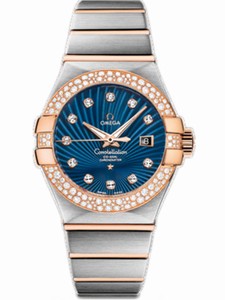 Omega 31mm Automatic Brushed Chronometer Blue Dial Rose Gold Case, Diamonds With Rose Gold And Stainless Steel Bracelet Watch #123.25.31.20.53.001 (Women Watch)