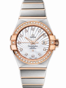 Omega 31mm Automatic Brushed Chronometer White Mother Of Pearl Dial Rose Gold Case, Diamonds With Rose Gold And Stainless Steel Bracelet Watch #123.25.31.20.55.001 (Women Watch)