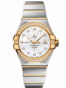 Omega 31mm Automatic Brushed Chronometer White Mother Of Pearl Dial Yellow Gold Case, Diamonds With Yellow Gold And Stainless Steel Bracelet Watch #123.25.31.20.55.003 (Women Watch)