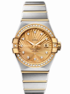 Omega 31mm Automatic Brushed Chronometer Champagne Gold Dial Yellow Gold Case, Diamonds With Yellow Gold And Stainless Steel Bracelet Watch #123.25.31.20.58.001 (Women Watch)