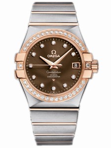 Omega 35mm Automatic Chronometer Brown Dial Rose Gold Case, Diamonds With Rose Gold And Stainless Steel Bracelet Watch #123.25.35.20.63.001 (Men Watch)