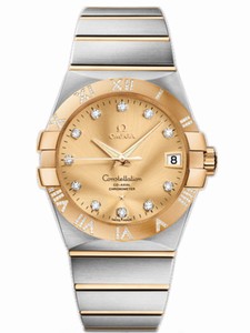 Omega 38mm Automatic Chronometer Champagne Gold Dial Yellow Gold Case, Diamonds With Yellow Gold And Stainless Steel Bracelet Watch #123.25.38.21.58.002 (Men Watch)