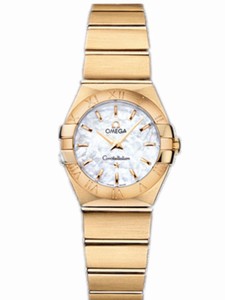 Omega 24mm Constellation Brushed Quartz White Mother Of Pear Dial Yellow Gold Case And Bracelet Watch #123.50.24.60.05.002 (Women Watch)