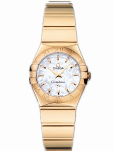 Omega 24mm Constellation Polished Quartz White Mother Of Pear Dial Yellow Gold Case And Bracelet Watch #123.50.24.60.05.004 (Women Watch)