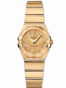 Omega 24mm Constellation Brushed Quartz Champagne Dial Yellow Gold Case, Diamonds And Yellow Gold Bracelet Watch #123.50.24.60.58.001 (Women Watch)