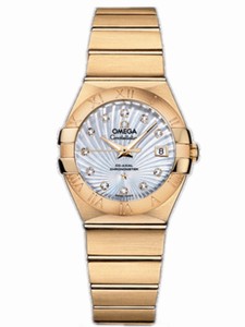 Omega 24mm Constellation Brushed Automatic Chronometer White Mother Of Pearl Dial Yellow Gold Case, Diamonds With Yellow Gold Bracelet Watch #123.50.27.20.55.002 (Women Watch)
