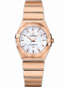 Omega 27mm Constellation Brushed Quartz White Mother Of Pear Dial Rose Gold Case And Bracelet Watch #123.50.27.60.05.001 (Women Watch)