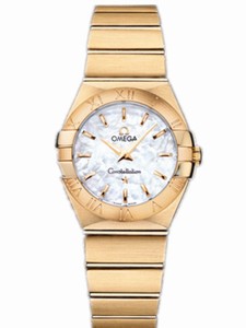 OMega 27mm Constellation Brushed Quartz White Mother Of Pearl Dial Yellow Gold Case With Yellow Gold Bracelet Watch #123.50.27.60.05.002 (Women Watch)