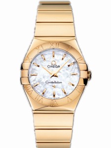 Omega 27mm Constellation Polished Quartz White Mother Of Pear Dial Yellow Gold Case And Bracelet Watch #123.50.27.60.05.004 (Women Watch)
