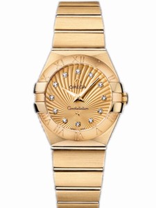 Omega 27mm Constellation Brushed Quartz Champagne Gold Dial Yellow Gold Case, Diamonds And Yellow Gold Bracelet Watch #123.50.27.60.58.001 (Women Watch)