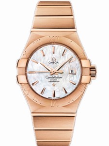 Omega 31mm Automatic Brushed Chronometer White Mother Of Pearl Dial Rose Gold Case And Rose Gold Bracelet Watch #123.50.31.20.05.001 (Women Watch)