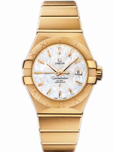 Omega 31mm Automatic Brushed Chronometer White Mother Of Pearl Dial Yellow Gold Case And Yellow Gold Bracelet Watch #123.50.31.20.05.002 (Women Watch)
