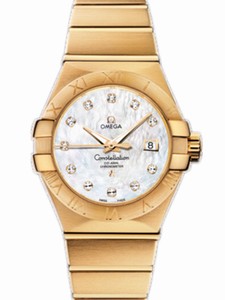 Omega 31mm Automatic Brushed Chronometer White Mother Of Pearl Dial Yellow Gold Case, Diamonds And Yellow Gold Bracelet Watch #123.50.31.20.55.002 (Women Watch)