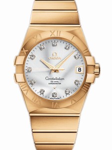 Omega 38mm Automatic Chronometer Silver Dial Yellow Gold Case, Diamonds With Yellow Gold Bracelet Watch #123.50.38.21.52.002 (Men Watch)