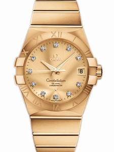 Omega 38mm Automatic Chronometer Champagne Dial Yellow Gold Case, Diamonds With Yellow Gold Bracelet Watch #123.50.38.21.58.001 (Men Watch)