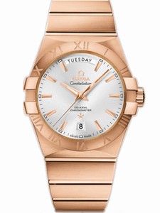 Omega 38mm Automatic Chronometer Day-Date Silver Dial Rose Gold Case With Rose Gold Bracelet Watch #123.50.38.22.02.001 (Men Watch)