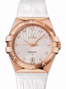 Omega 35mm Quartz Laquered White Dial Rose Gold Case, Diamonds With White Leather Strap Watch #123.53.35.60.52.001 (Women Watch)