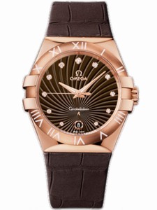 Omega 35mm Quartz Brown Dial Rose Gold Case, Diamonds With Brown Leather Strap Watch #123.53.35.60.63.001 (Women Watch)