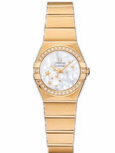 Omega 24mm Constellation Brushed Quartz White Mother Of Pearl Dial Yellow Gold Case, Diamonds With Yellow Gold Bracelet Watch #123.55.24.60.05.001 (Women Watch)