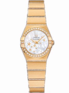 Omega 24mm Constellation Brushed Quartz White Mother Of Pearl Dial Yellow Gold Case, Diamonds With Yellow Gold Bracelet Watch #123.55.24.60.05.002 (Women Watch)