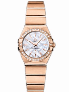 Omega 24mm Constellation Brushed Quartz White Mother Of Pearl Dial Rose Gold Case, Diamonds With Rose Gold Bracelet Watch #123.55.24.60.55.002 (Women Watch)