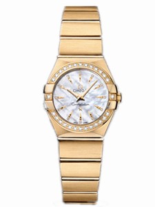 Omega 24mm Constellation Brushed Quartz White Mother Of Pearl Dial Yellow Gold Case, Diamonds With Yellow Gold Bracelet Watch #123.55.24.60.55.004 (Women Watch)