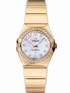 Omega 24mm Constellation Polished Quartz White Mother Of Pearl Dial Yellow Gold Case, Diamonds With Yellow Gold Bracelet Watch #123.55.24.60.55.007 (Women Watch)