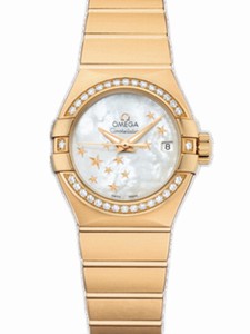 Omega 27mm Automatic Brushed Chronometer White Mother Of Pearl Dial Yellow Gold Case, Diamonds With Yellow Gold Bracelet Watch #123.55.27.20.05.001 (Women Watch)