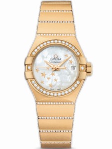 Omega 27mm Automatic Brushed Chronometer White Mother Of Pearl Dial Yellow Gold Case, Diamonds With Yellow Gold Bracelet Watch #123.55.27.20.05.002 (Women Watch)