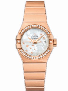 Omega 27mm Automatic Brushed Chronometer White Mother Of Pearl Dial Rose Gold Case, Diamonds With Rose Gold Bracelet Watch #123.55.27.20.05.003 (Women Watch)