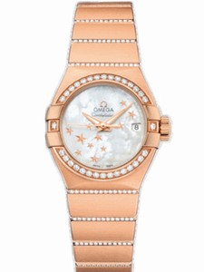 Omega 27mm Automatic Brushed Chronometer White Mother Of Pearl Dial Rose Gold Case, Diamonds With Rose Gold Bracelet Watch #123.55.27.20.05.004 (Women Watch)