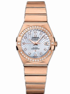 Omega 27mm Automatic Brushed Chronometer White Mother Of Pearl Dial Rose Gold Case, Diamonds With Rose Gold Bracelet Watch #123.55.27.20.55.001 (Women Watch)