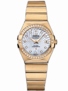 Omega 27mm Automatic Brushed Chronometer White Mother Of Pearl Dial Yellow Gold Case, Diamonds With Yellow Gold Bracelet Watch #123.55.27.20.55.002 (Women Watch)