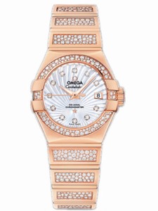 Omega 27mm Quartz Constellation Luxury Edition White Mother Of Pearl Dial Rose Gold Case, Diamonds With Rose Gold Bracelet Watch #123.55.27.20.55.004 (Women Watch)