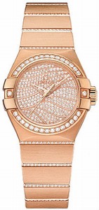 Omega Constellation Co-Axial Automatic Diamond Pave Dial Diamond Bezel 18k Rose Gold and Diamond Bracelet Watch# 123.55.27.20.55.006 (Women Watch)
