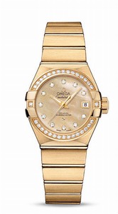 Omega Constellation Co-Axial Automatic Champagne Mother of Pearl Diamond Dial Date Diamond Bezel 18k Yellow Gold Watch# 123.55.27.20.57.002 (Women Watch)