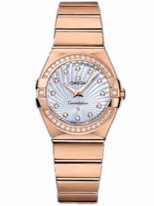 Omega 27mm Constellation Brushed Quartz White Mother Of Pearl Dial Rose Gold Case, Diamonds With Rose Gold Bracelet Watch #123.55.27.60.55.001 (Women Watch)