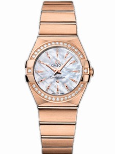 Omega 27mm Constellation Brushed Quartz White Mother Of Pearl Dial Rose Gold Case, Diamonds With Rose Gold Bracelet Watch #123.55.27.60.55.002 (Women Watch)