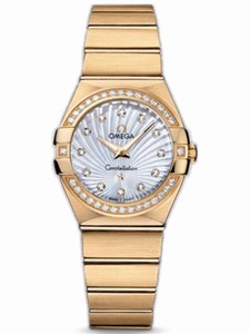 Omega 27mm Constellation Brushed Quartz White Mother Of Pearl Dial Yellow Gold Case, Diamonds With Yellow Gold Bracelet Watch #123.55.27.60.55.003 (Women Watch)
