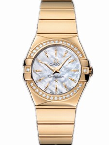 Omega 27mm Constellation Polished Quartz White Mother Of Pearl Dial Yellow Gold Case, Diamonds With Yellow Gold Bracelet Watch #123.55.27.60.55.008 (Women Watch)