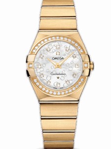 Omega 27mm Constellation Brushed Quartz White Mother Of Pearl Dial Yellow Gold Case, Diamonds With Yellow Gold Bracelet Watch #123.55.27.60.55.016 (Women Watch)