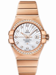 Omega 31mm Automatic Brushed Chronometer White Mother Of Pearl Dial Rose Gold Case, Diamonds With Rose Gold Bracelet Watch #123.55.31.20.55.001 (Women Watch)